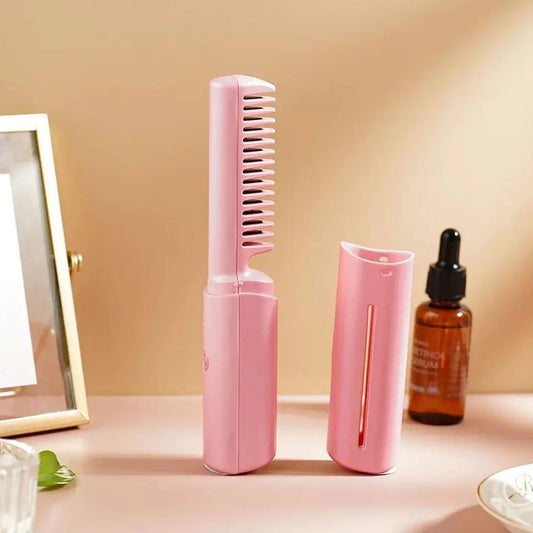 13072(Wireless) Rechargeable Mini Hair Straightener Travel Portable Usb Charging Cordless Hair Straightener Bursh Three Temperature Adjustments Flat Iron Comb (1 Pc)
